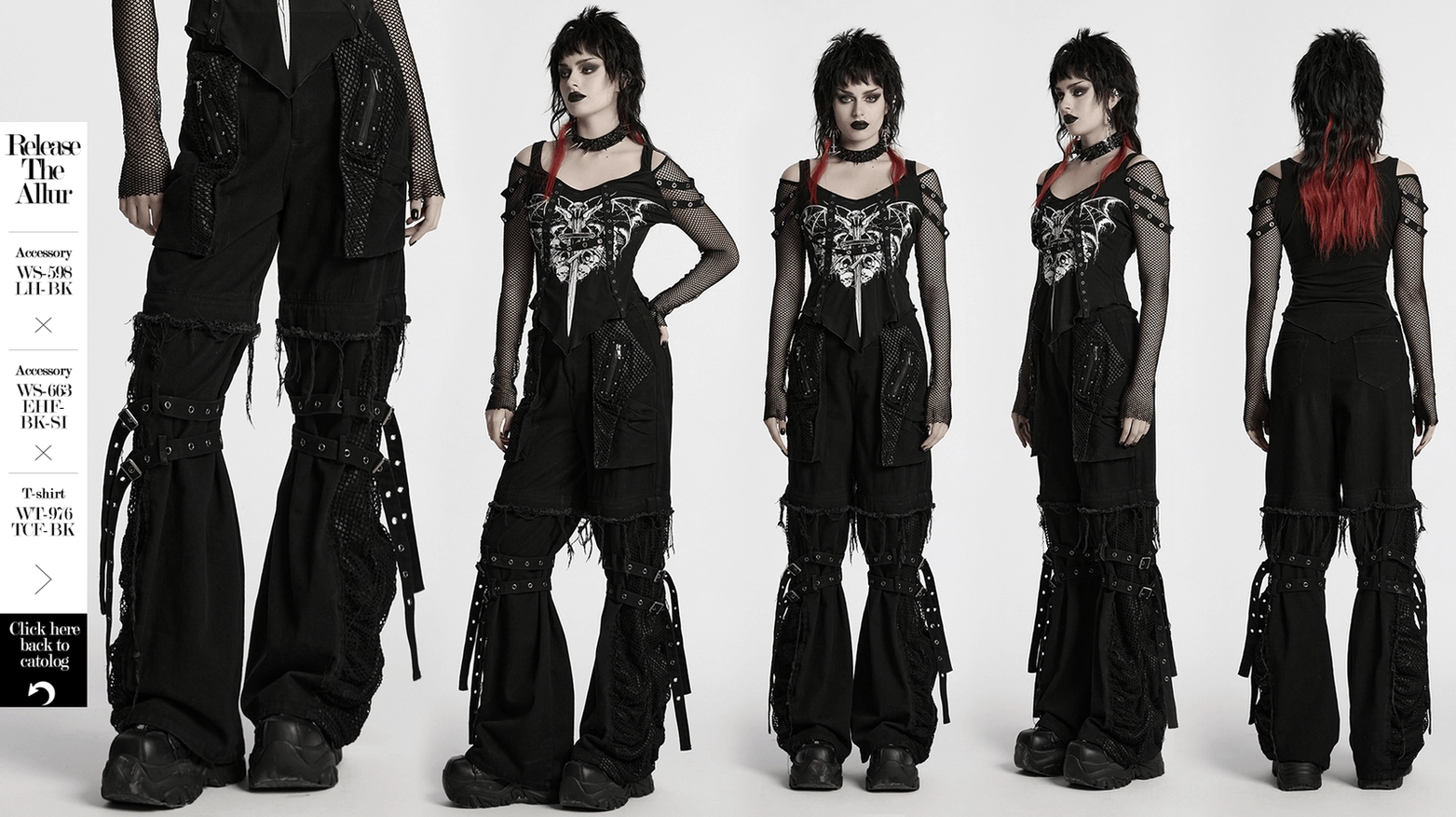 Gothic cargo pants studded hardware and zippered pocket system, detailed view