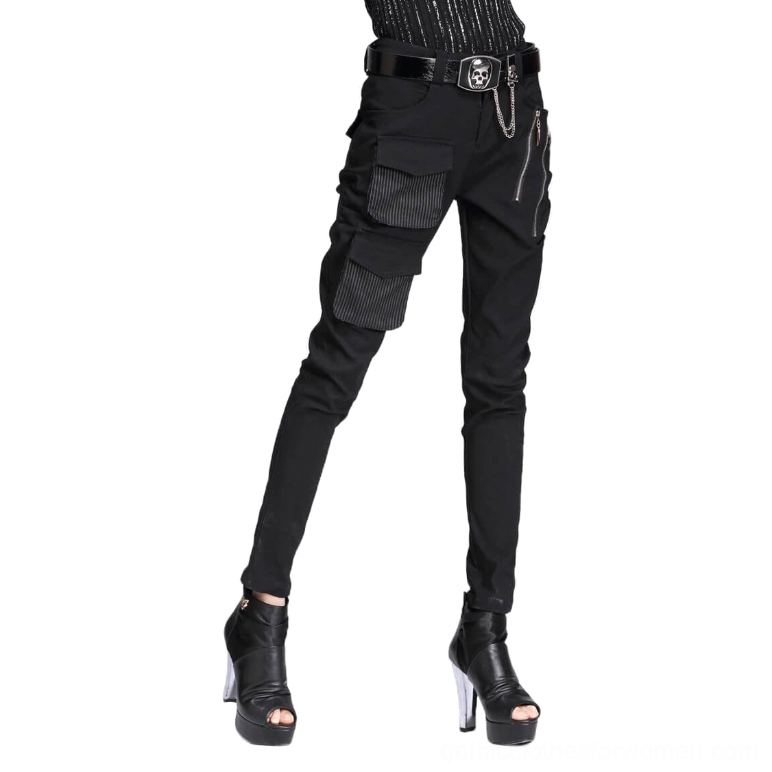 Black gothic cargo pants full body styling with skull belt chain accessory and platform ankle boots