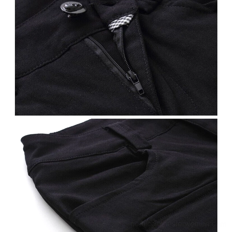 Top waist detail of black gothic cargo pants showing button fly zipper closure and checkered inner lining