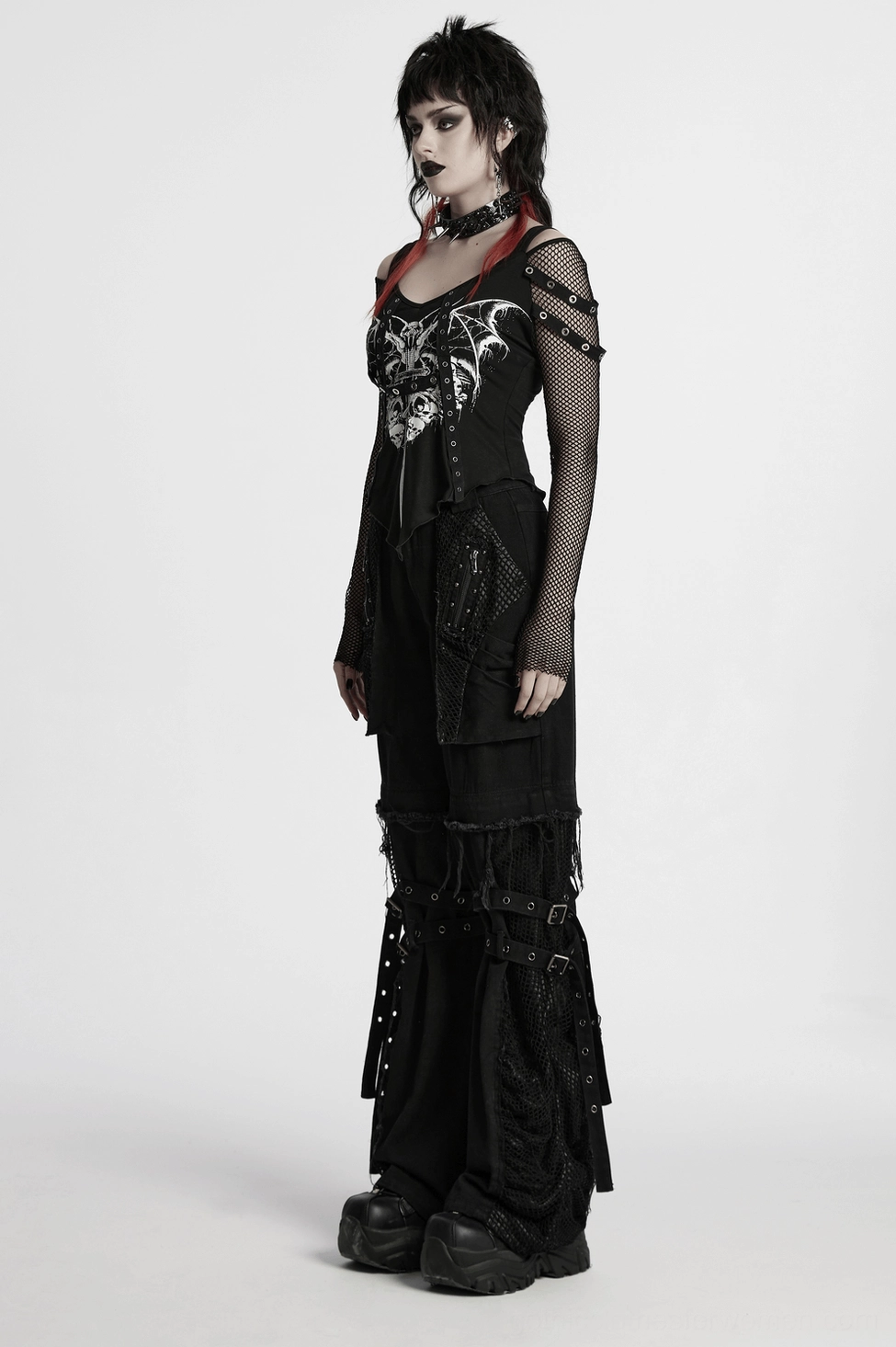 Full-length detachable gothic cargo pants showing wide-leg silhouette and dual-loop straps