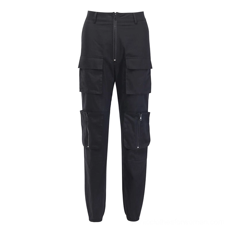 Women's gothic trousers - straight leg pleated cargo pants front view on mannequin with high waistband