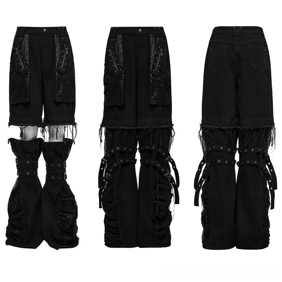 Modular gothic shorts and detachable leg warmers with mesh pockets, flat lay front view