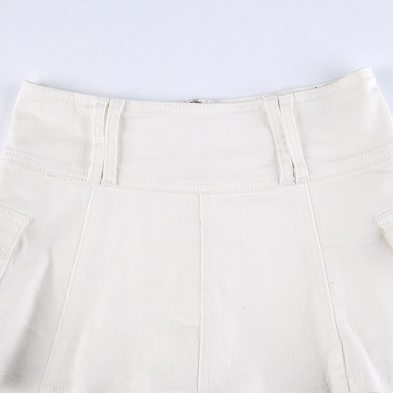 Cargo mini skirt A-line silhouette detail showing fabric drape and above-knee length