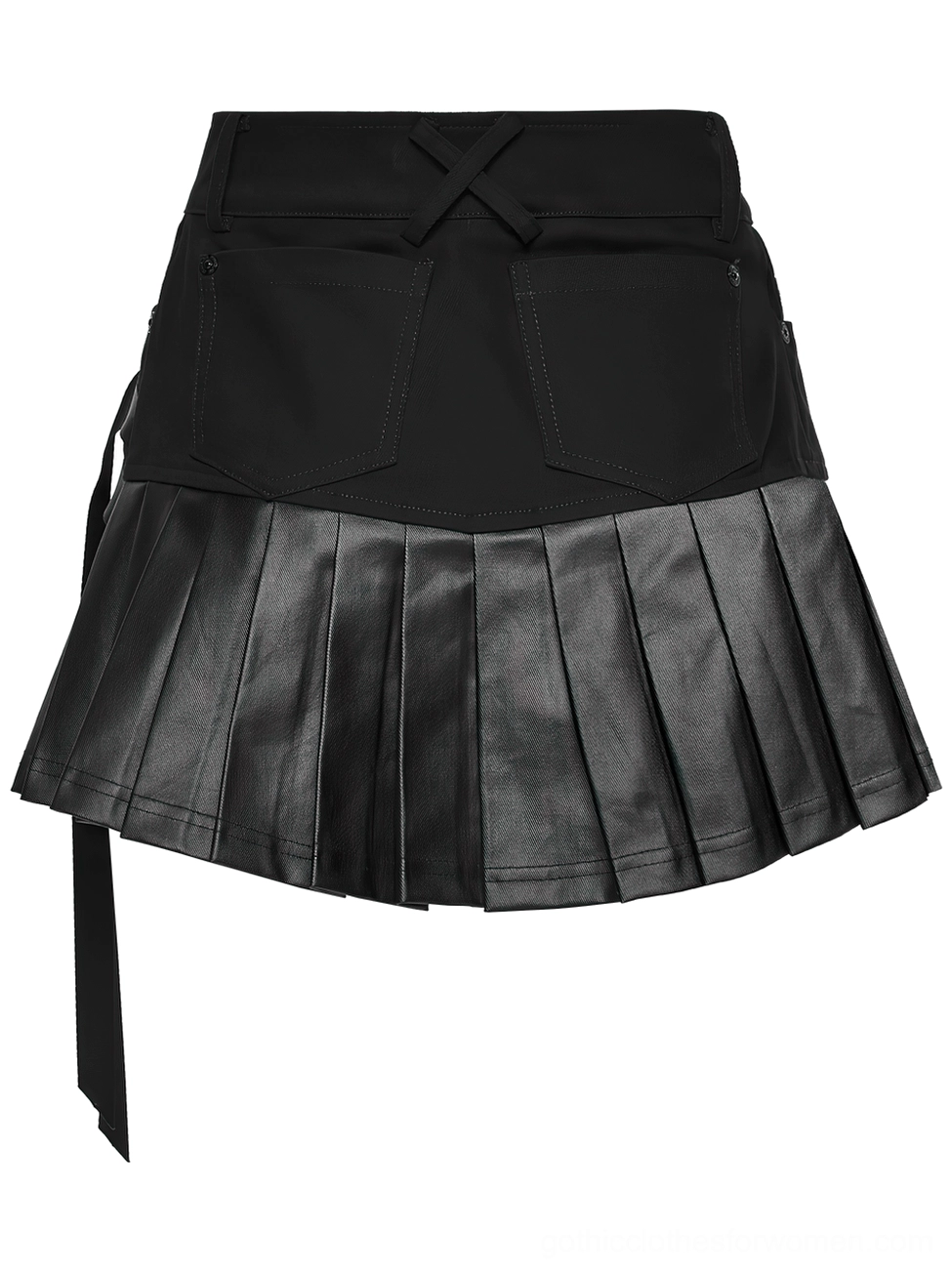 Back view flat lay of black gothic cargo skirt showing dual rear cargo pockets with cross strap on waist back and pleated faux leather lower section