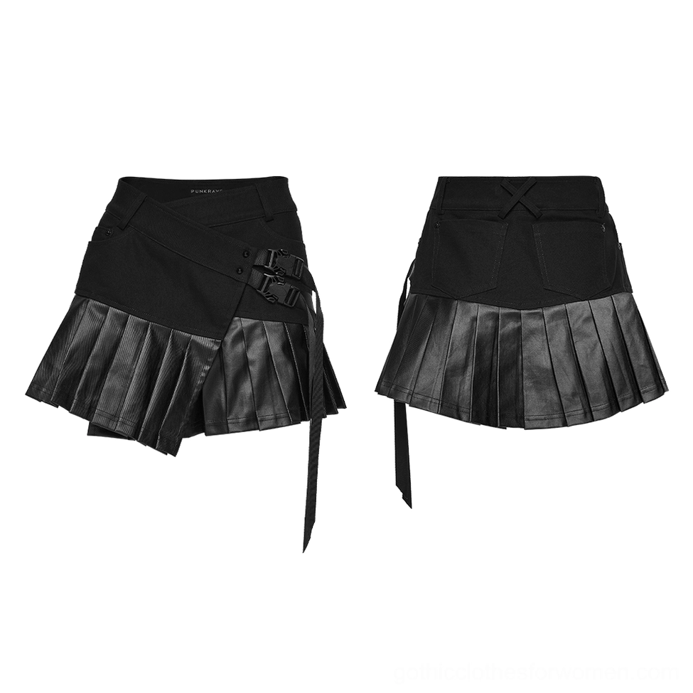 Flat lay product shot comparison front and back view of black pleated gothic cargo skirt with buckles and hanging strap details