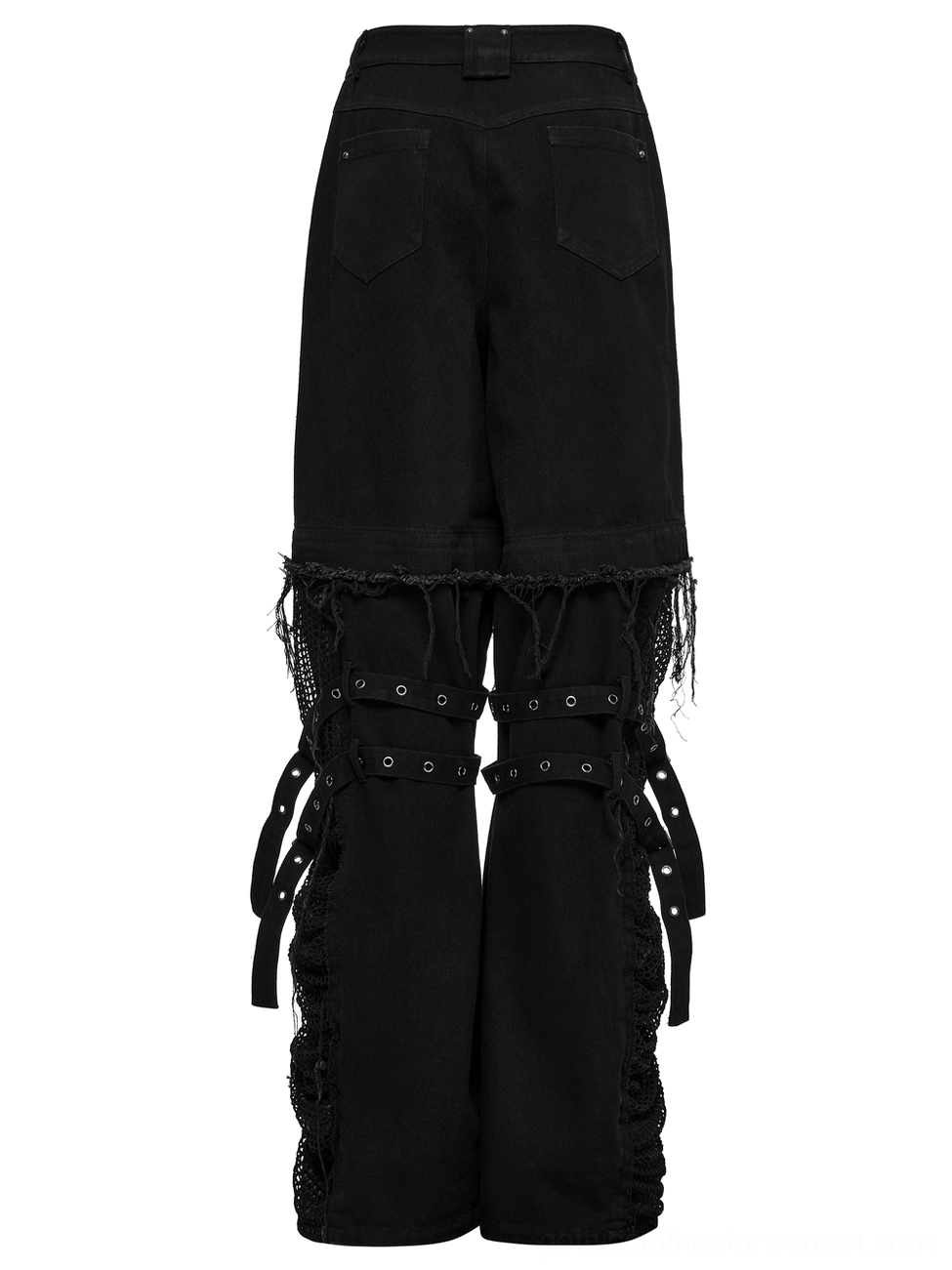 Black gothic trousers showing detachable leg sections and frayed hem construction, rear view