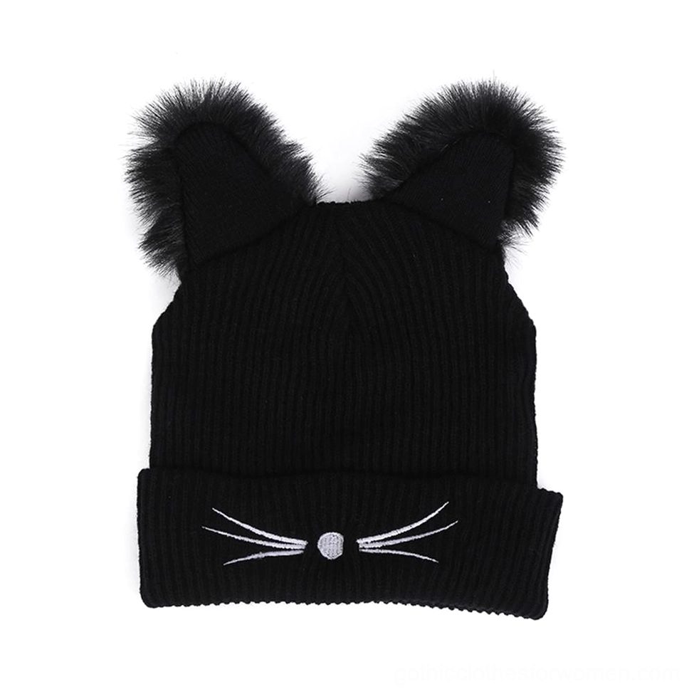 Gothic cat ear knit beanie flat lay showing faux fur ears and embroidered cat face details