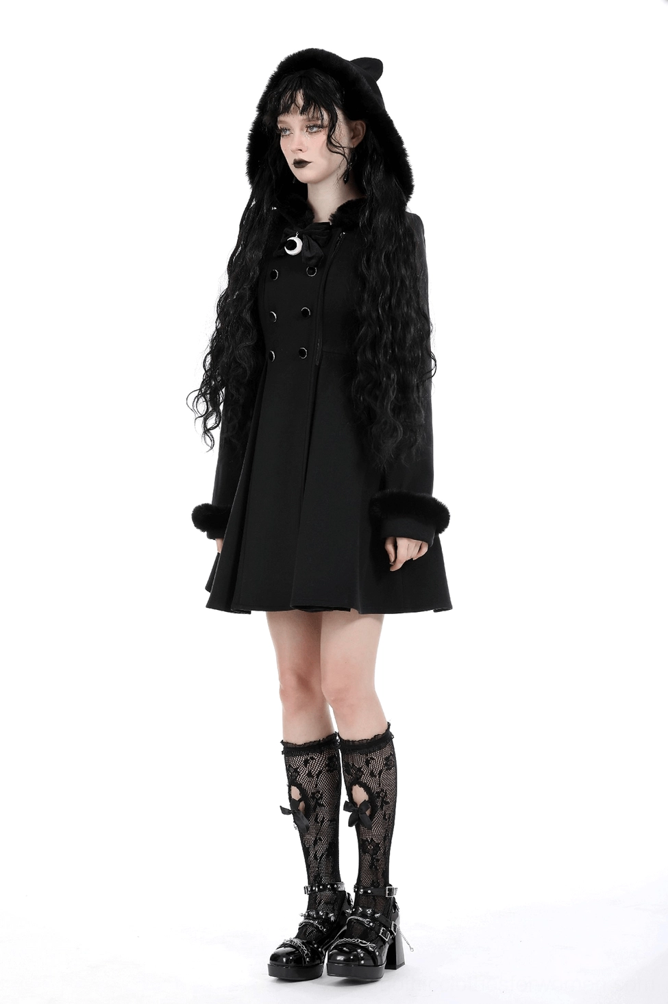 Gothic cat ear hooded coat with plush fuzzy trim and architectural tailoring