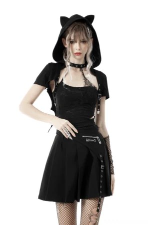 Black cat ear crop top with bat wing hems and heart tail - front view full body shot on model