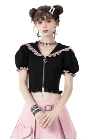 Black cat ear gothic crop top with pink lace collar and heart zipper - front view worn by model