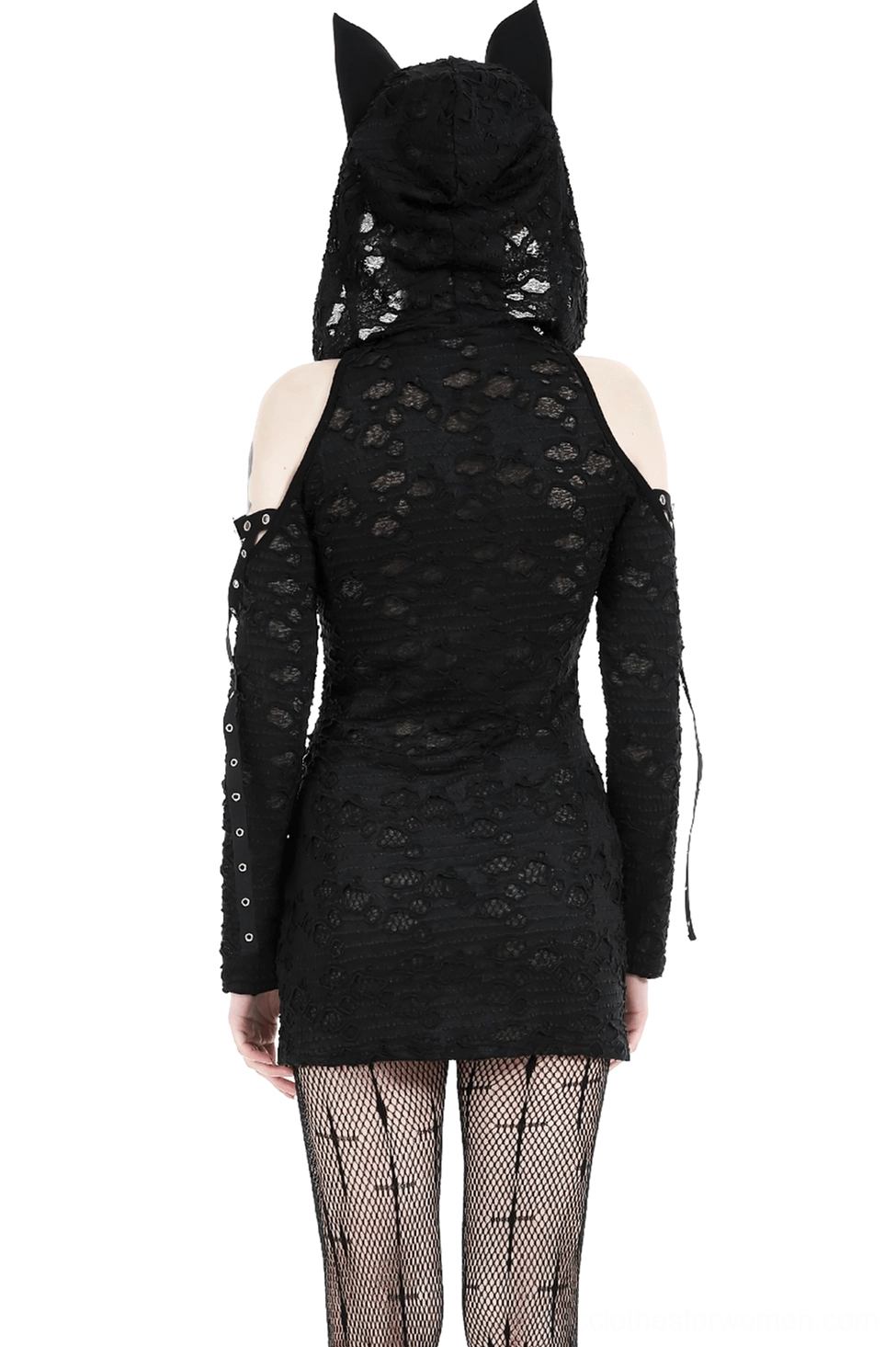 Black lace cat ear hooded mini dress rear back view showing cold-shoulder sleeves and sheer lace design on model