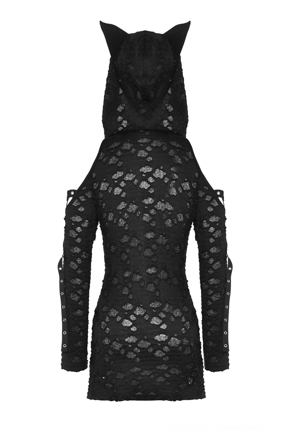 Side flat lay view of black lace gothic dress showing single cold-shoulder cutout with studded strap detail