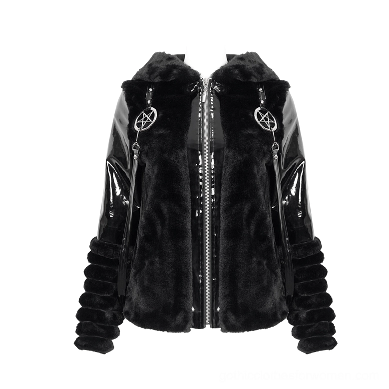 Black fuzzy cat ear jacket flat lay display with dual pentagram decorations and silver zipper closure
