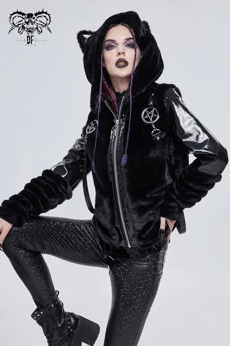 Gothic cat ear fuzzy jacket with pentagram details demonstrating versatile alternative fashion styling