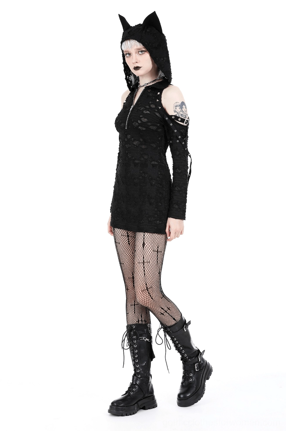 Black lace gothic mini dress with cat ears showing full silhouette and all-over delicate lace weave pattern