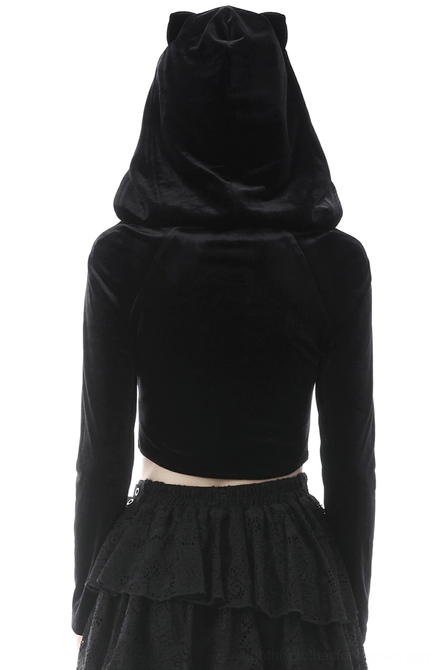 Back view of black velvet gothic hoodie displaying fitted silhouette, cat-ear hood construction, and batwing sleeve details from rear angle