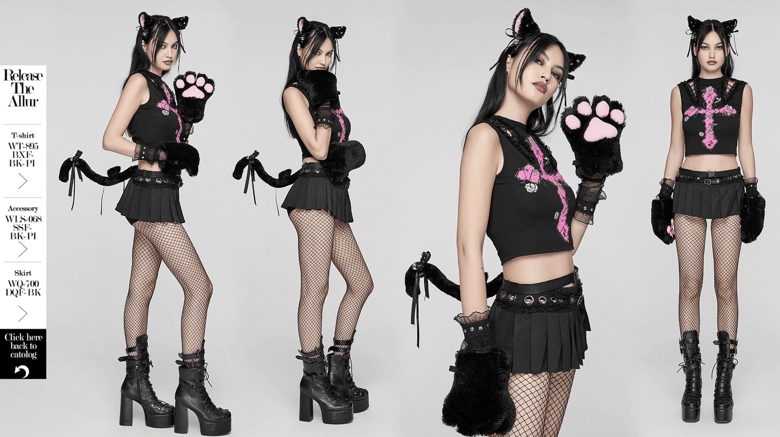 Black gothic cat ears and tail costume set complete accessory package with bells and cross charm details