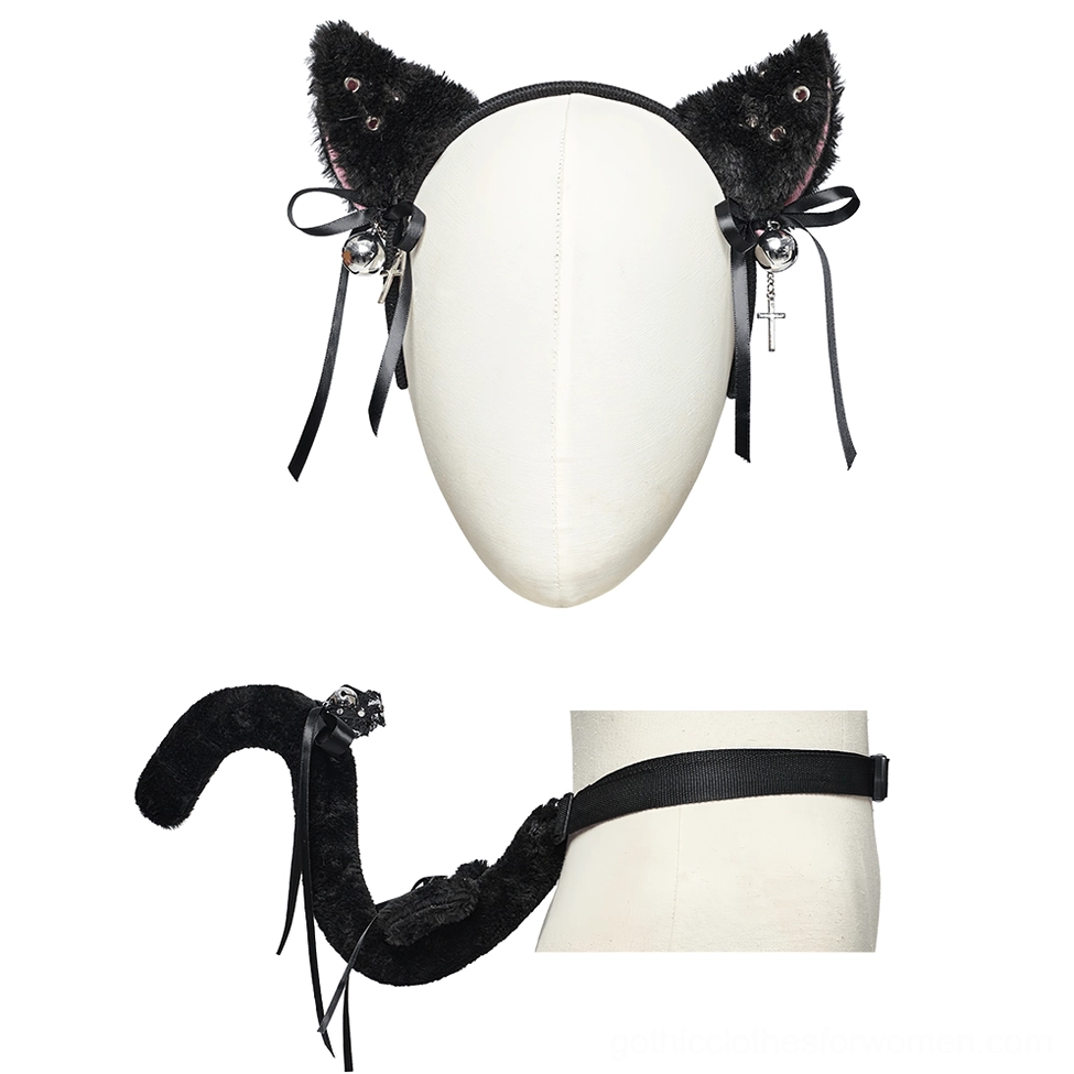 Black plush cat ear headband and adjustable tail set displayed on mannequins with silver bell and cross charm details
