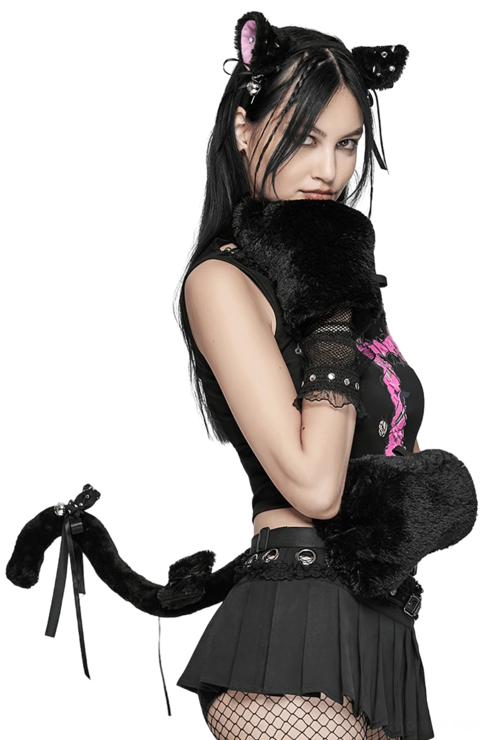 Black gothic cat ears and tail set with rivets and silver bells worn by model in three-quarter side profile view