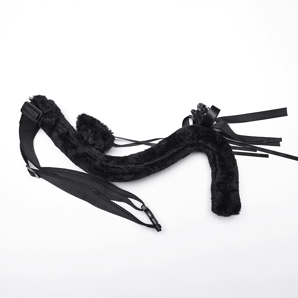Black plush adjustable tail accessory with waist strap and ribbon trim displayed in flat lay side view
