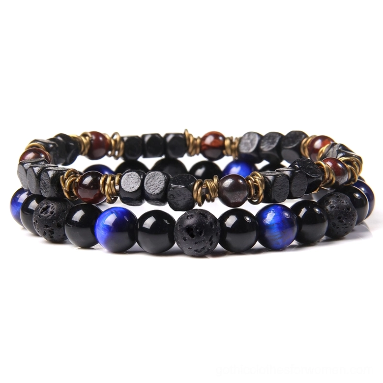 Cat's eye blue and polished black stone beaded bracelet with brass accents - mystical gothic jewelry