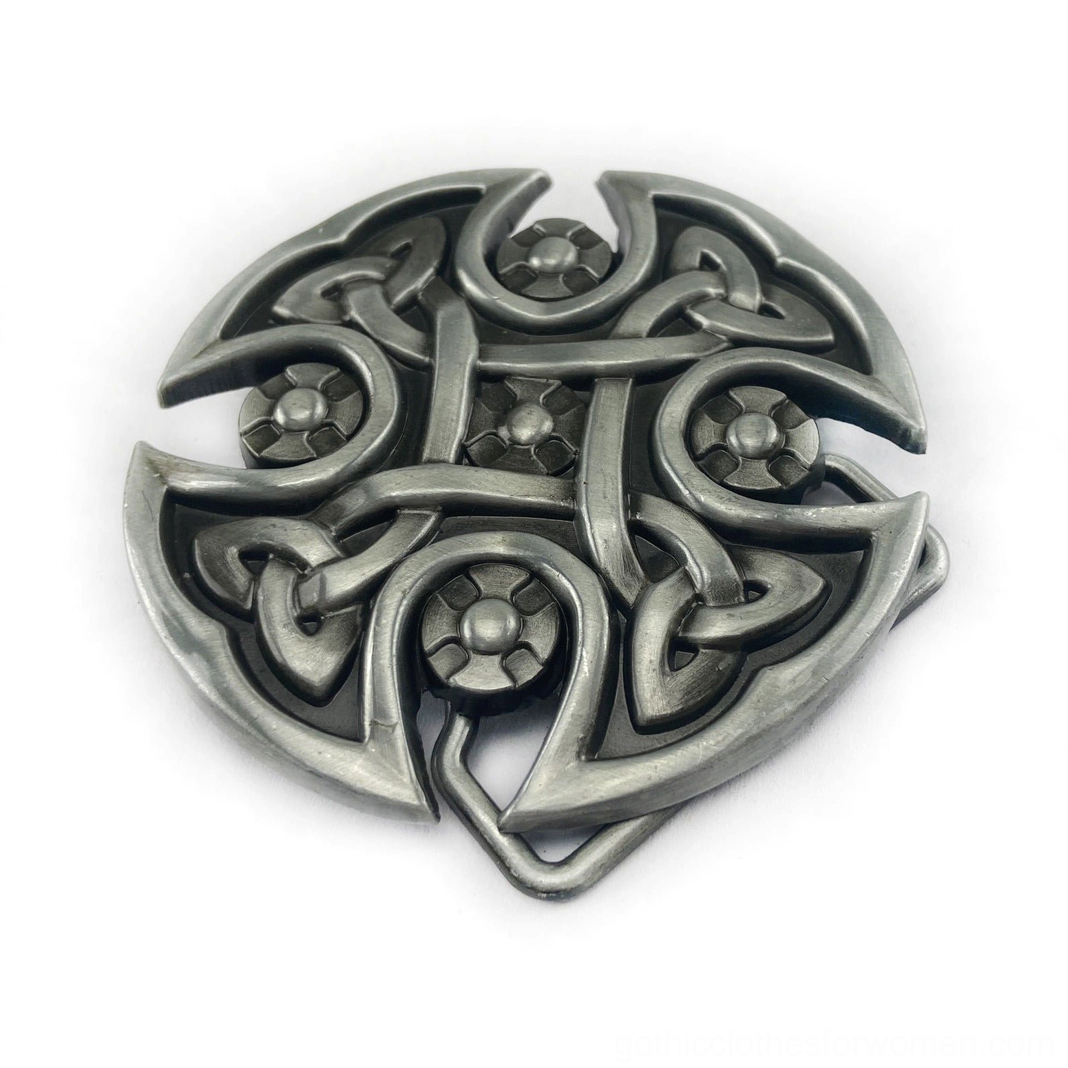 Celtic cross belt buckle front view showing antique silver finish with intricate carved knot pattern