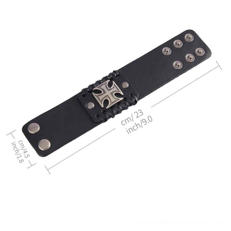 Gothic Celtic cross leather cuff bracelet - product lifestyle showing wear and style versatility with size reference
