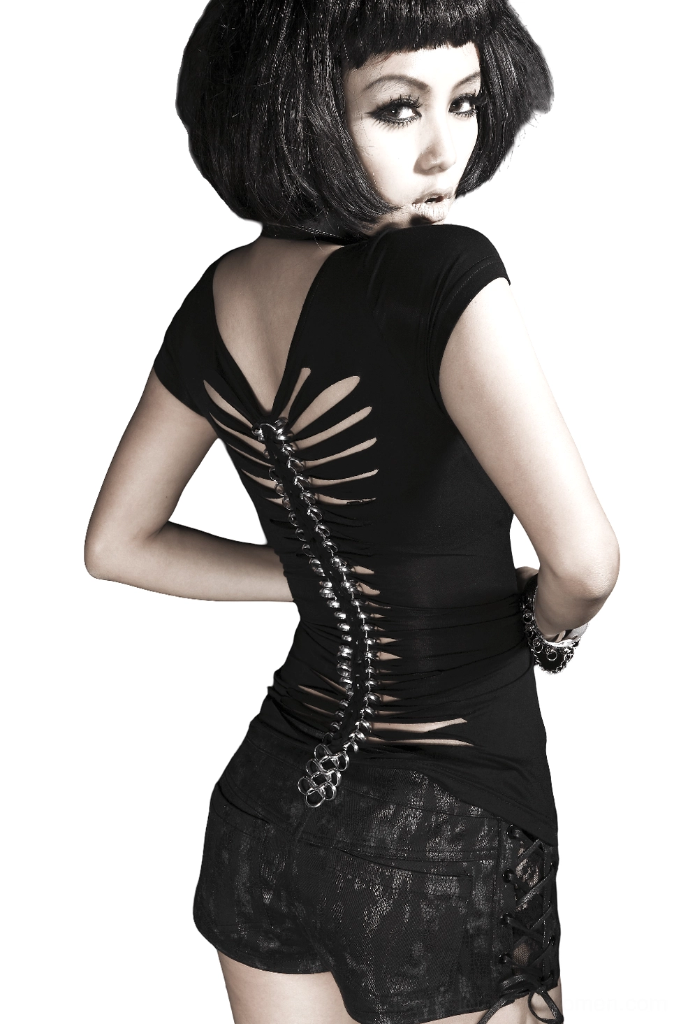 Chain-back gothic t-shirt back view showing slitted ribcage cutout design with metal chain trim detail