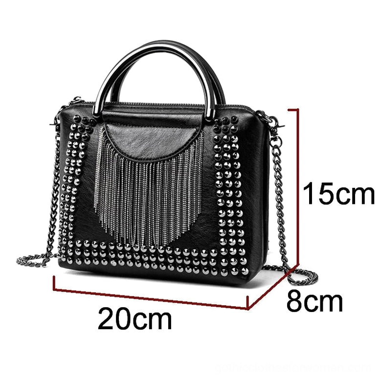 Sized gothic rivet crossbody bag showing dimensions 20cm x 15cm with measurement indicators