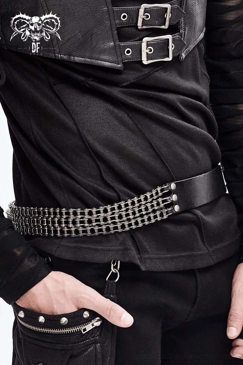 Alternative angle of gothic motorcycle chain belt showing leather quality, chain placement, and buckle positioning details