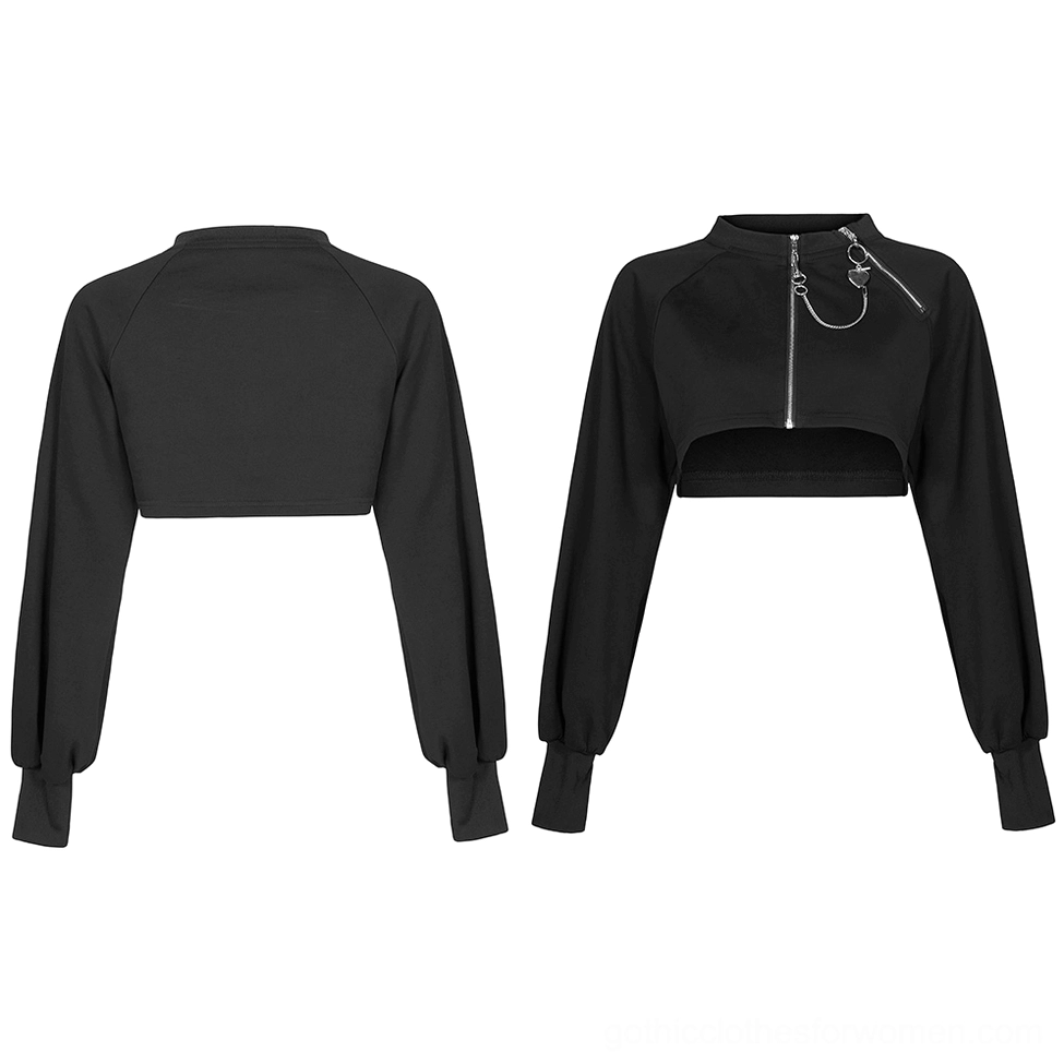 Flat lay comparison of black gothic crop jacket front and rear with lantern sleeves and chain zipper detail