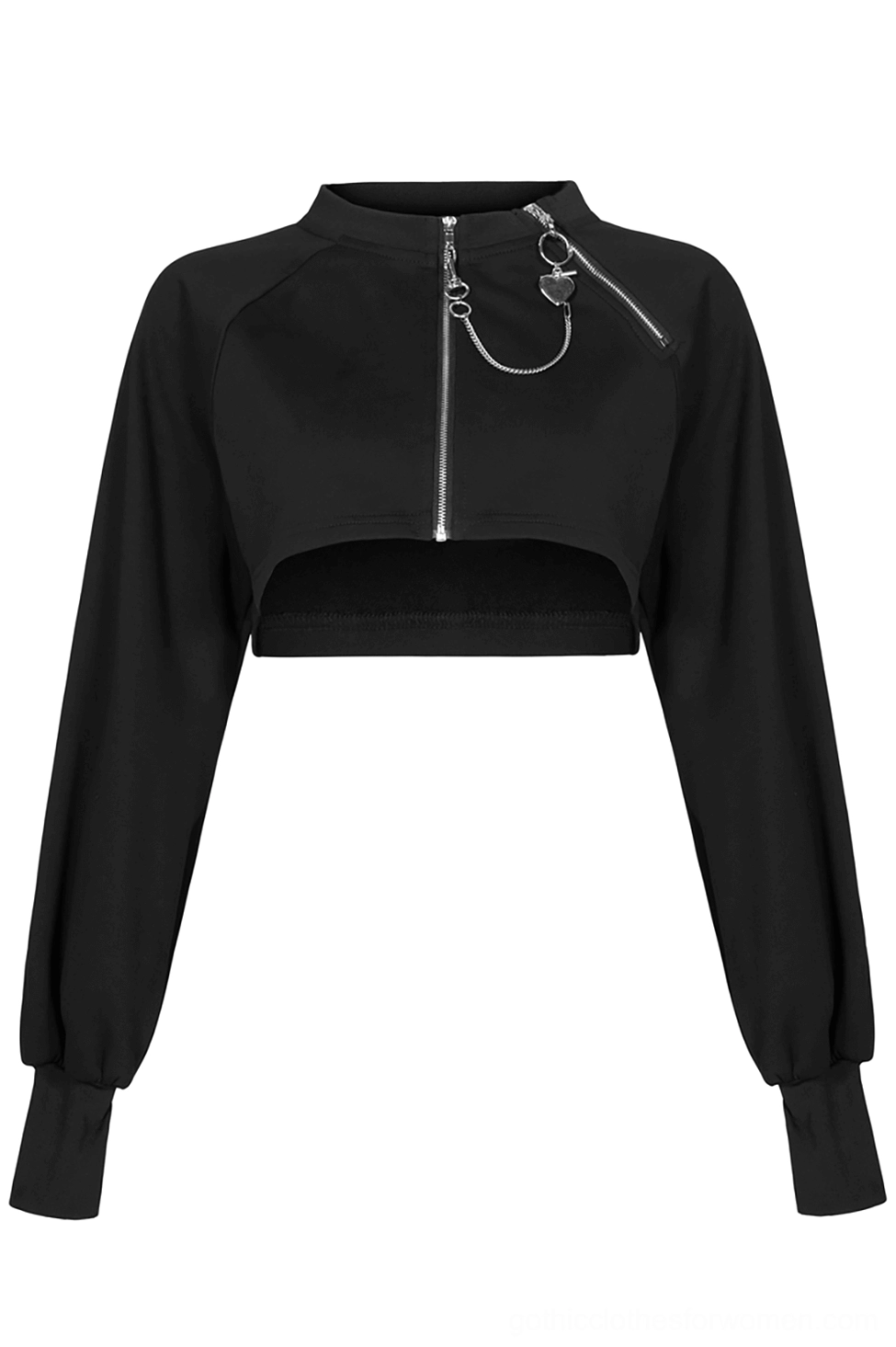 Front flat lay of black gothic crop jacket highlighting dual zipper system with heart charm pendant and stand collar