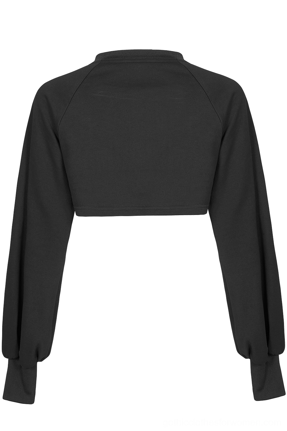 Rear flat lay of black gothic crop jacket showing raglan seams, stand collar, and super cropped hem