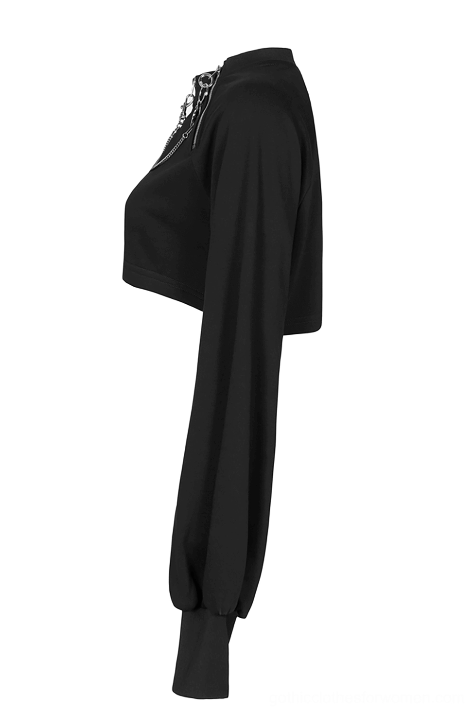 Side profile flat lay of black gothic crop jacket showing lantern sleeves and side zipper hardware detail