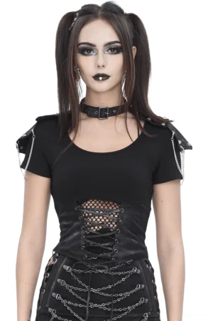 Black gothic chain crop top with studded shoulder pads - front studio view on model with twin ponytails