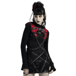 Gothic black and red cropped knit hoodie with chain harness front view, featuring snake-shaped buckles and contrast hood panel on model