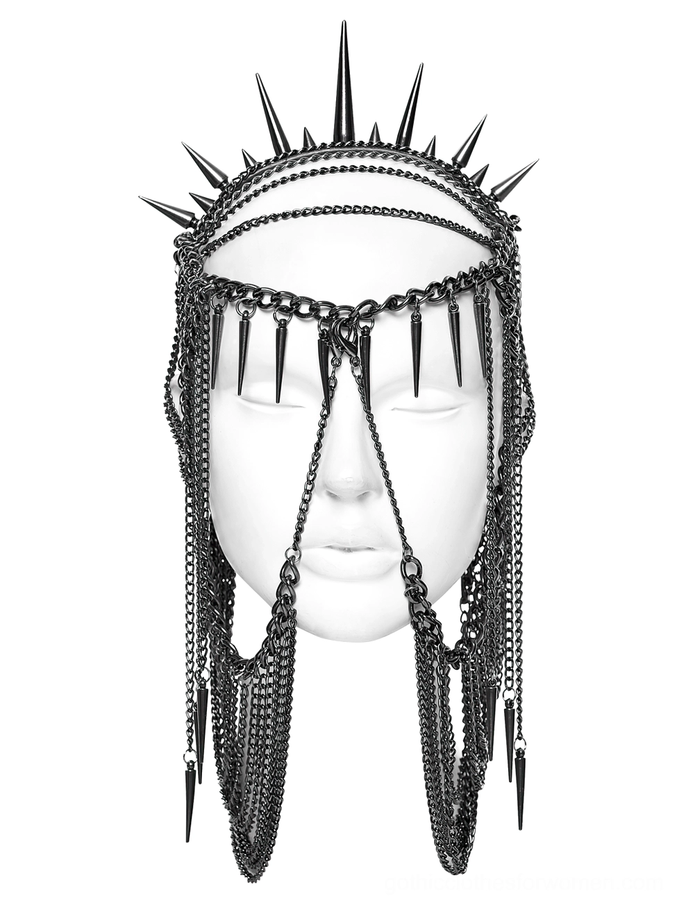 Close-up front view of black gothic spiked crown headpiece showing wide face-framing chains, crown details, and hanging tassels