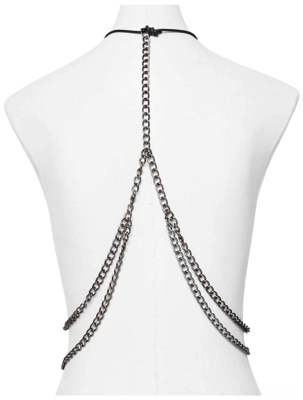 Silver chain body harness back view on mannequin, black neck strap with layered back chain construction