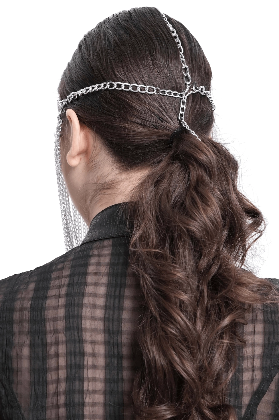 Back view of silver chain gothic headpiece on model showing adjustable chain straps and rear cross details