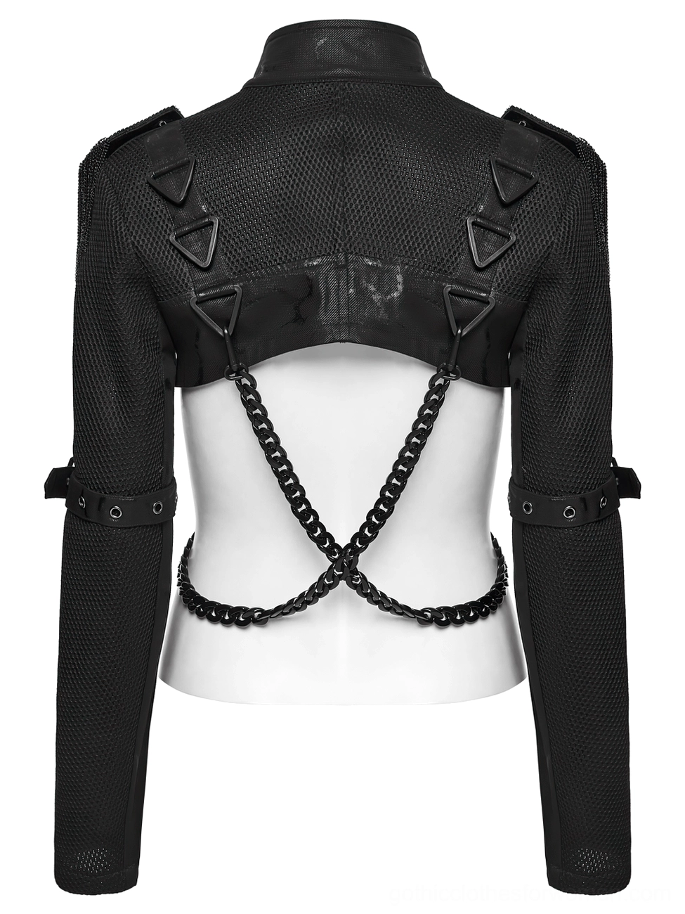 Black cropped chain jacket back view with crisscross harness and triangular metal hardware on mannequin
