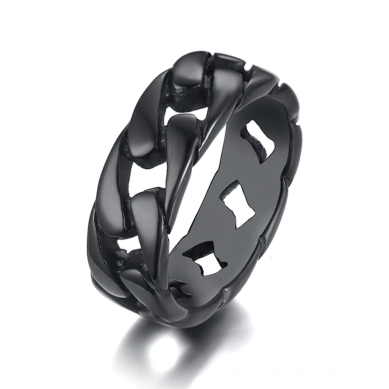 Matte black stainless steel gothic chain link ring with hollow curb chain texture, top-down studio view