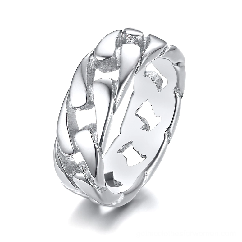 Polished silver stainless steel gothic chain link ring with intricate chain texture detail, minimalist white background