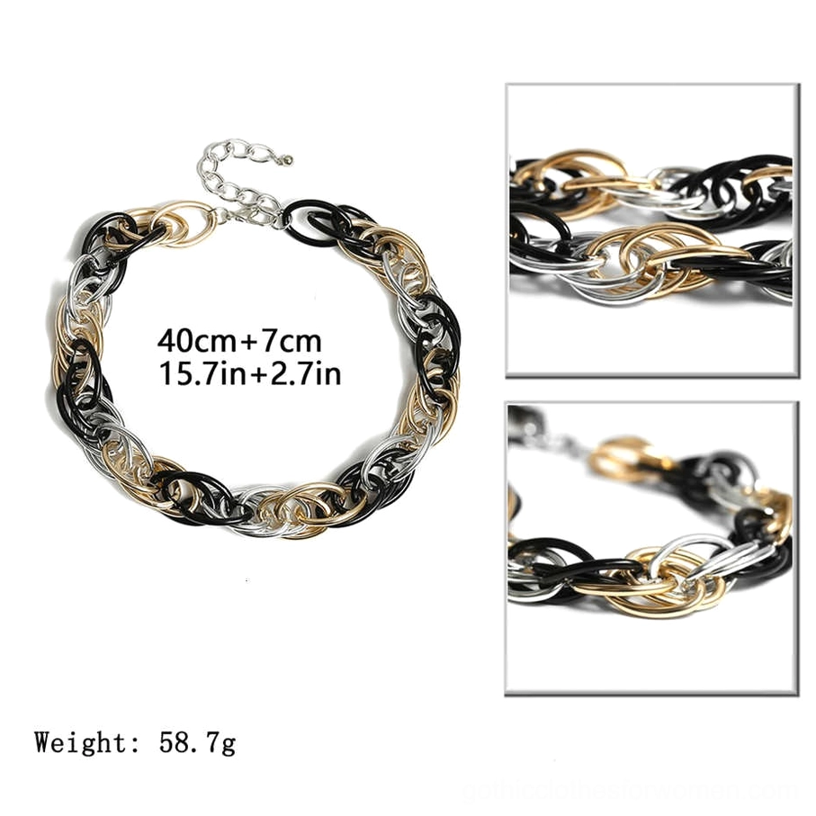 Full layout of tri-tone twisted chain necklace showing 40cm plus 7cm extender length and 58.7g weight specification