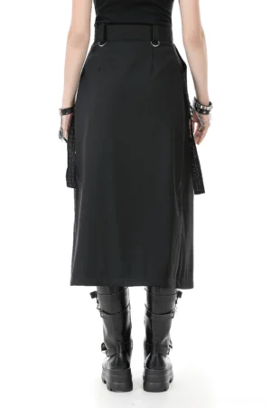Black gothic punk skirt back view showing adjustable belt and A-line silhouette on model