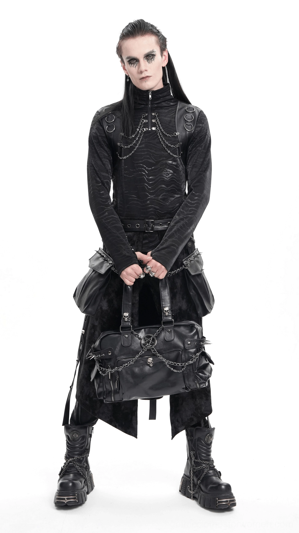Gothic chain tote bag main product view showing full design with skull ornaments, pentagram charm, and spike studs