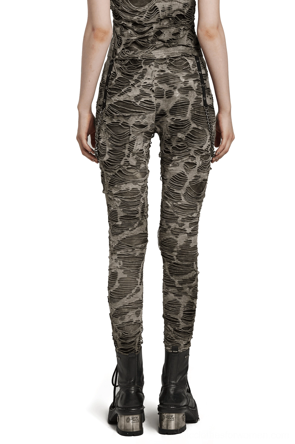 Gothic chain trousers rear full-body model shot showcasing slim fit and chain detailing - back view