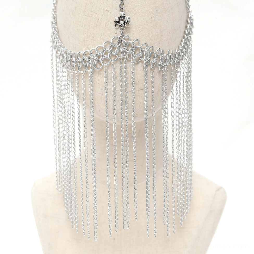 Close-up front view of silver chain gothic face veil highlighting central cross ornament and dense chain tassels