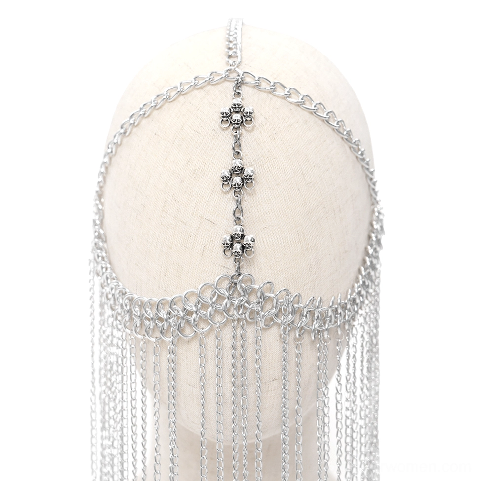 Overhead front view of silver chain gothic face veil headpiece showing center cross decoration and hanging tassel arrangement