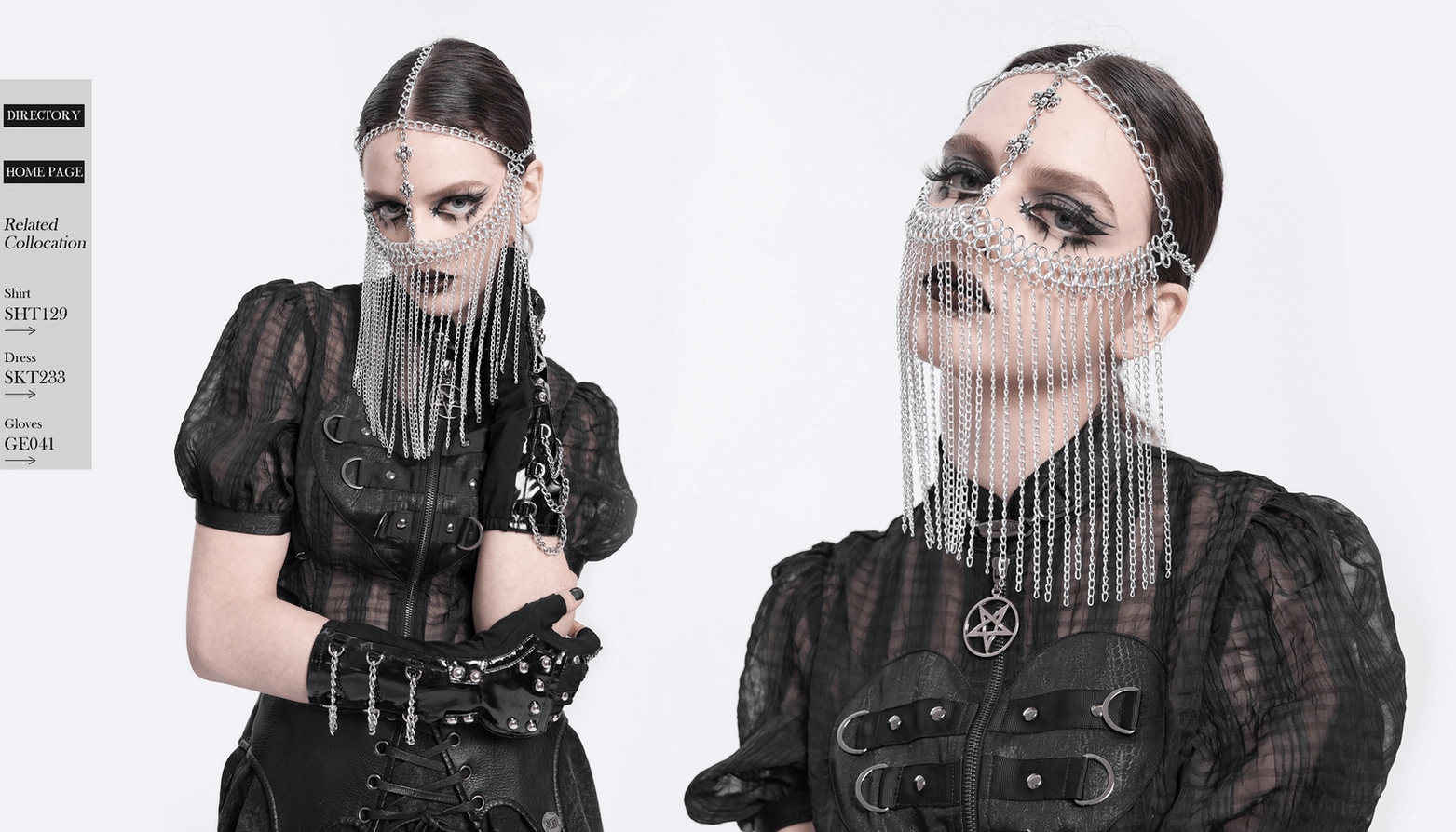 Silver chain gothic face veil with pentagram and cross details, worn for gothic costume and alternative events