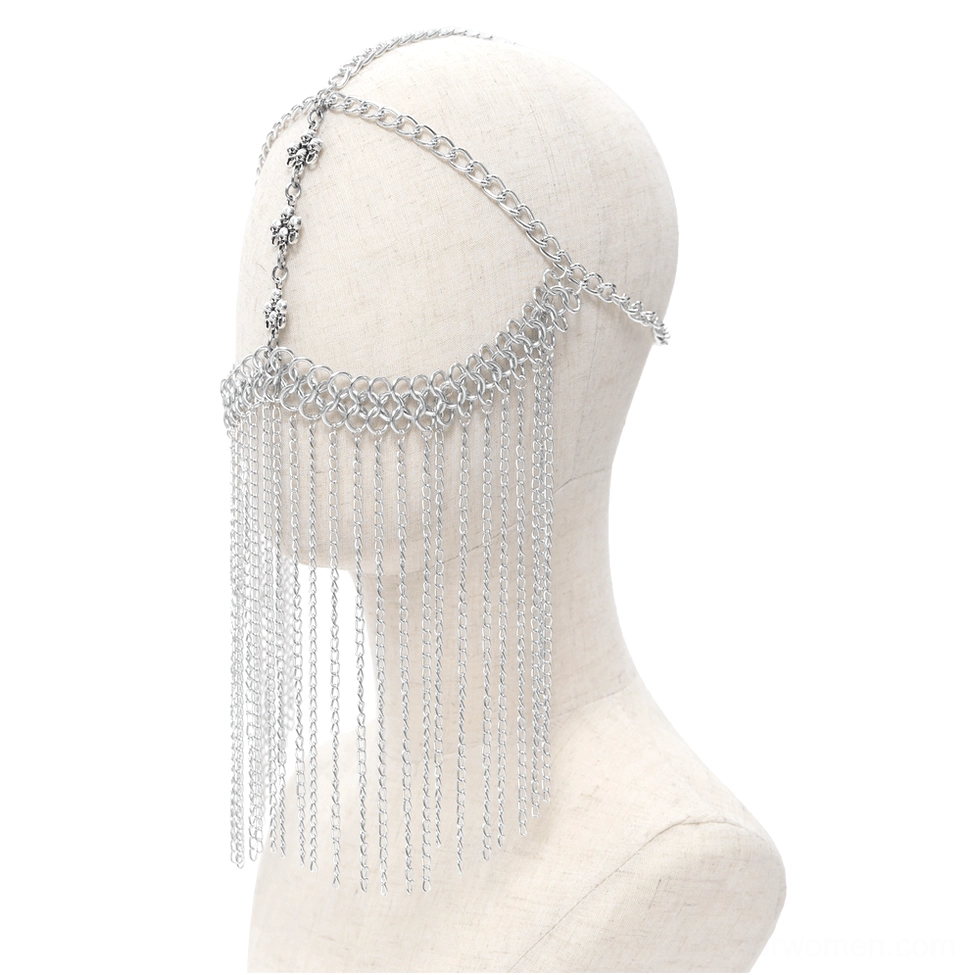 Detailed side view of silver chain gothic veil showing single-sided tassel chains and cross decoration